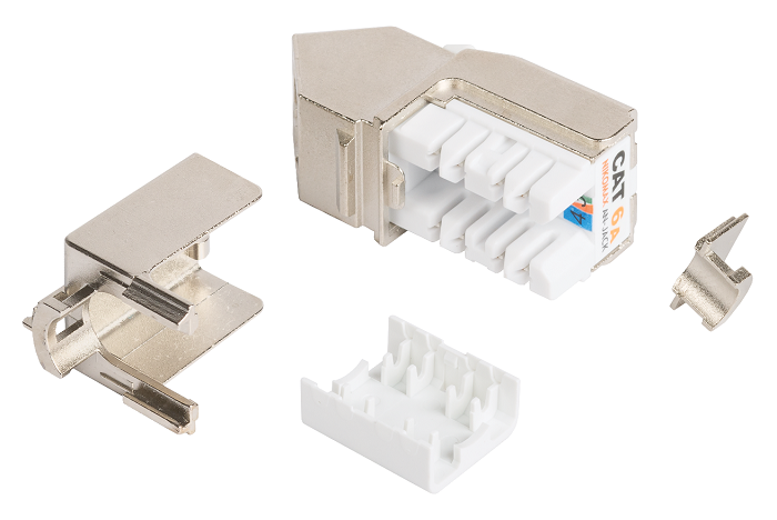 Модуль-вставка типа Keystone, угловой, для панели серии AN, Кат.6a (Класс Ea), 500МГц, RJ45/8P8C, FT-TOOL/110/KRONE, T568A/B, полный экран, металлик
