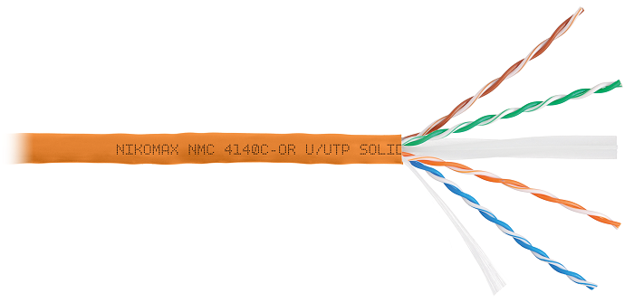 Кабель U/UTP 4 пары, Кат.6 (Класс E), тест по ISO/IEC, 250МГц, одножильный, BC (чистая медь), 23AWG (0,55мм), полимерный материал нг(А)-HF, внутренний, оранжевый, 305м