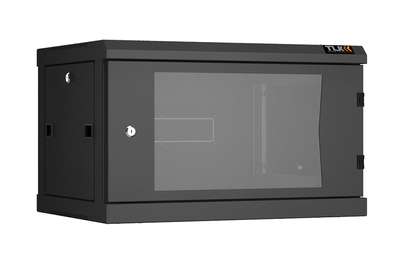 Настенный разборный шкаф TLK 19", 6U, стеклянная дверь, Ш600хВ370хГ450мм, 2 пары монтажных направляющих, черный