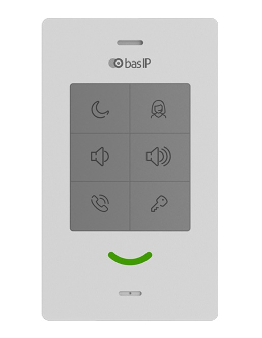 Абонентское IP аудио устройство. Wi-Fi: 2,4 ГГц (IEEE 802.11n). Поддержка SIP, P2P, внутреннего протокола BAS-IP, кнопка для быстрого вызова консьержа, кнопка открытия замка, кнопка режима "Не беспокоить", электронная регулировка громкости, трехцветный световой индикатор состояния и режимов работы устройства. Возможность подключения кнопки звонка. Питание: PoE IEEE 802.3af и +12В. 183×105×28 мм.
