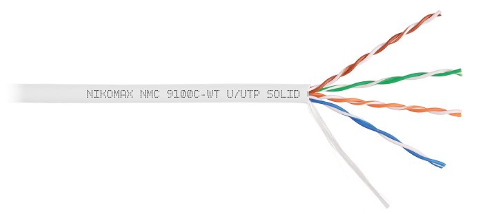 Кабель U/UTP 4 пары, Кат.5e (Класс D), тест по ISO/IEC, 100МГц, одножильный, BC (чистая медь), 24AWG (0,52мм), полимерный материал нг(А)-HF, внутренний, белый, 305м