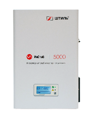 Стабилизатор переменного напряжения инверторный (с двойным преобразованием) однофазный, чистая синусоида; P-нагр.5 кВА/4,5 кВт, U-вх.165…310 В, U-вых.220…230 В (с шагом 1 В), I-вых.23 A; IP20, t-раб. +5…+40°C, 358х246х101 мм