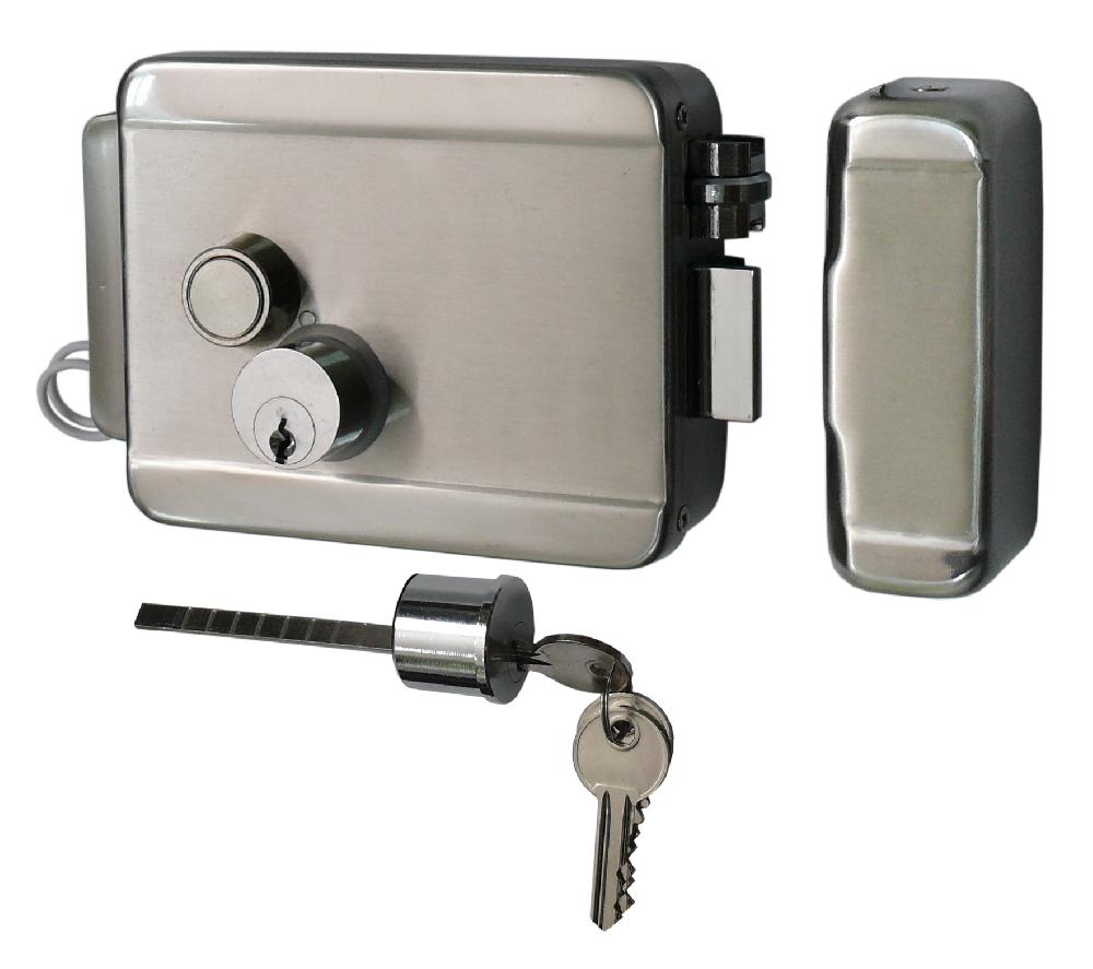 Эл-мех. накладной замок, НЗ, универсальный DIN, цилинр снаружи и изнутри, кнопка изнутри (блокировка кнопки), питание 12VDC/3А,&nbsp;&nbsp;-40°+50°С, никелированная сталь.