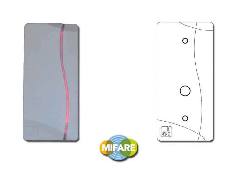 Считыватель proximity карт стандарта Mifare. 3-6 см. Выходные интерфейсы Wiegand-26, Wiegand 42, TM. Корпус -пластик светло-серого цвета.