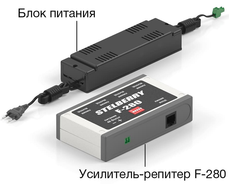 Усилитель-репитер для наращивания мощности системы Stelberry Антитеррор. Позволяет нарастить мощность системы на 180 Ватт. Настраиваемый коэффициент усиления от 1 до 2,4 раза. 4 выхода