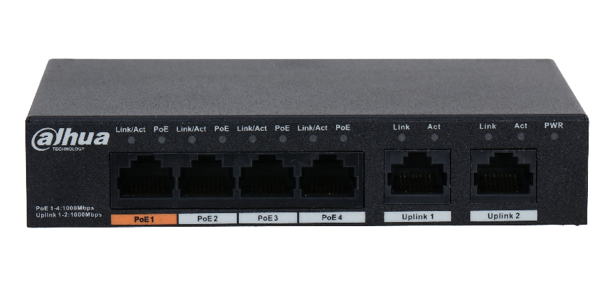 6 портовый неуправляемый настольный гигабитный коммутатор с 4 портами PoE, стандарты IEEE802.3, IEEE802.3u, IEEE802.3ab и IEEE802.3x, Металлический корпус, > Порт 1 поддерживает Hi-PoE 60 Вт, Бюджет POE 60 Вт.