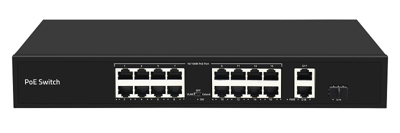 Неуправляемый коммутатор, 16 RJ-45 POE портов (10/100 Мбит/с), 2 RJ-45 Uplink порта (1000 Мбит/с), 1 SFP Uplink порт (1000 Мбит/с), бюджет на порт до 30 Вт, общий бюджет до 200 Вт.