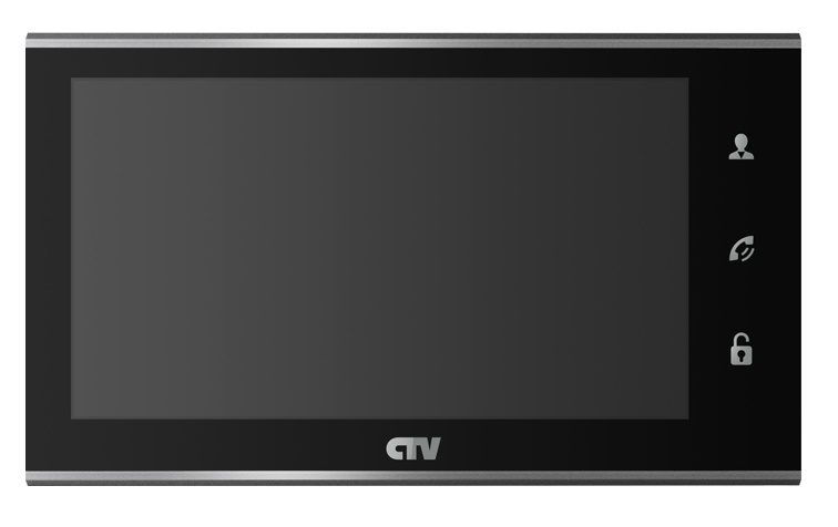 Монитор видеодомофона, IPS 7", 1024х600, до 2 панелей, до 2 видеокамер, SD до 64Gb,, стеклянная сенсорная панель управления "Easy Buttons", поддержка форматов AHD, TVI, CVI и CVBS с разрешением 1080p/720p/960H, автоответчик, режим ожидания с индикацией времени, встроенный источник питания