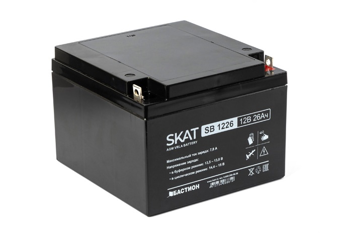 Свинцово-кислотный аккумулятор 26 А/ч, 12В, 175х166х125мм. Вес 7,5 кг. Срок службы 6 лет.