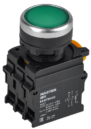 Кнопка с подсветкой d=22мм 1NO+1NC зелёная MASTER IEK