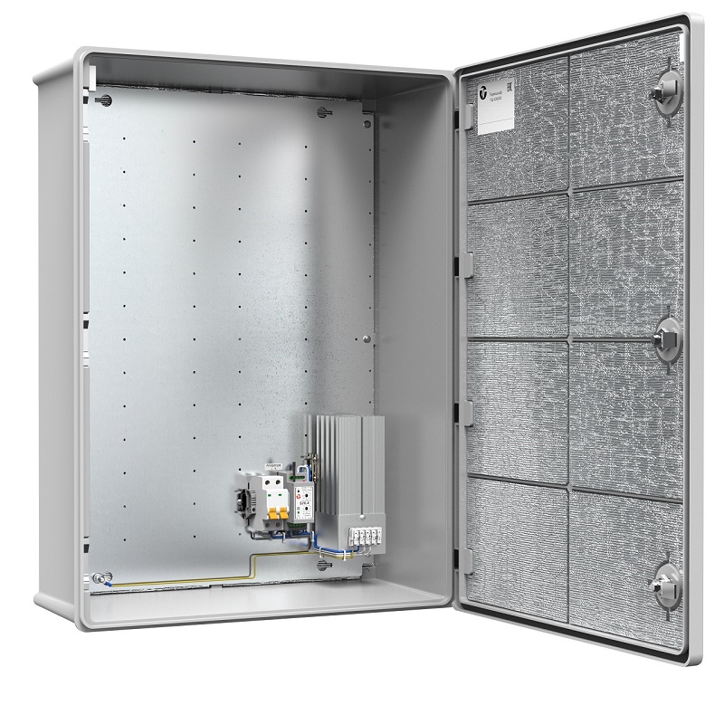 Термошкаф из армированного стекловолокном полиэстера с обогревом. Класс ударопрочности IK10. -60° ÷ + 80°C. IP66. Потребляемая мощность 350 Вт. Напряжение питания 230V ± 10% AC, 6A. 602х802х268мм.