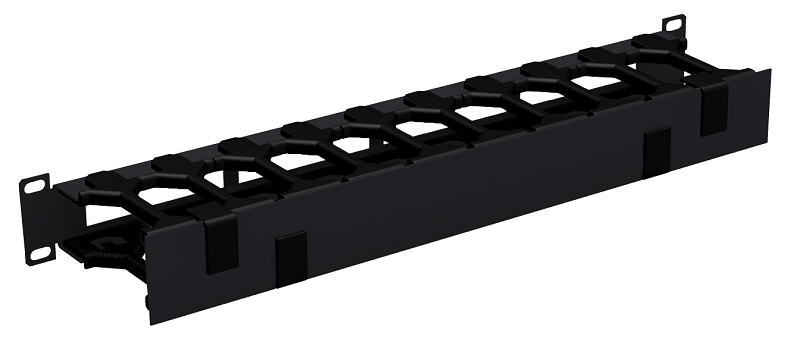 Кабельный органайзер 19", 1U, полезная глубина 100 мм, металлический, с пластиковыми пальцами, с крышкой, черный