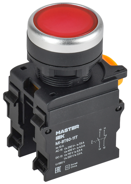 Кнопка с фиксацией d=22мм 1NO+1NC красная MASTER IEK
