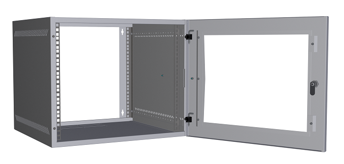 Настенный шкаф 19", 9U, стеклянная дверь, Ш540хВ440хГ500мм, 2 пары монтажных направляющих, сварной, серый