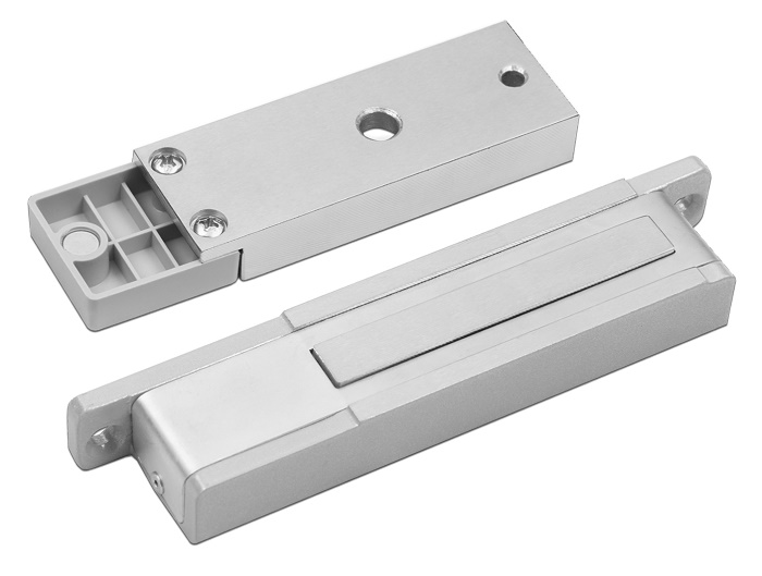 Замок электромагнитный, с датчиком Холла, герконом и индикацией, 150 кг удержания, 24 В/0,15 А, 150х33х19,5 мм, IP20, -20...+40, серый