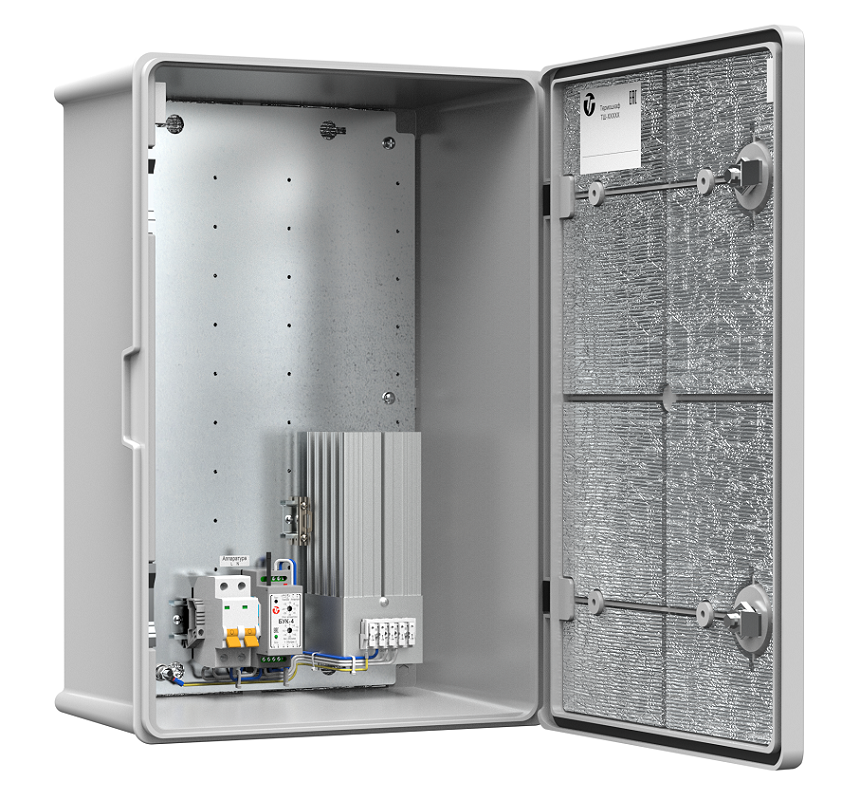 Термошкаф из армированного стекловолокном полиэстера с обогревом. Класс ударопрочности IK10.&nbsp;&nbsp;-60° ÷ + 80°C. IP66. Потребляемая мощность 240 Вт. Напряжение питания 230V ± 10% AC, 6A. 402х585х260мм.