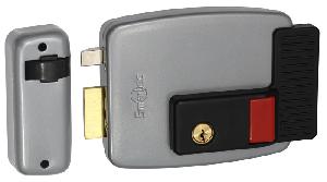 Эл-мех. накладной замок, НЗ, правая дверь, цилинр снаружи и изнутри, кнопка изнутри (блокировка кнопки), питание 12VDC/3.3А, -35°+50°С, окрашенная сталь.