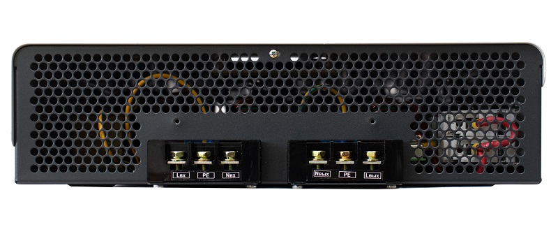 Стабилизатор переменного напряжения инверторный (с двойным преобразованием) однофазный, чистая синусоида; P-нагр.10 кВА/9 кВт, U-вх.165…310 В, U-вых.220…230 В (с шагом 1 В), I-вых.45 A; IP20, t-раб. +5…+40°C, 498х370х101 мм