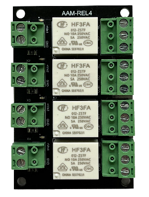 Релейная плата предназначена для коммутации исполнительных устройств (электромагнитных/электромеханических замков, ламп, сирен и т.д.), подключается к токовым ключам универсальных контроллеров систем безопасности ААМ-LAN-8W и ААМ-LAN-2W или к любому другому источнику питания.