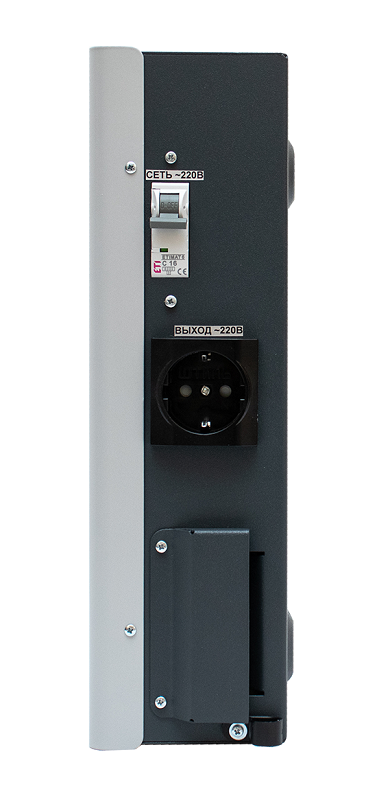 Стабилизатор переменного напряжения инверторный (с двойным преобразованием) однофазный, чистая синусоида; P-нагр.3 кВА/2,5 кВт, U-вх.165…310 В, U-вых.220…230 В (с шагом 1 В), I-вых.14 A; IP20, t-раб. +5…+40°C, 205х370х103 мм