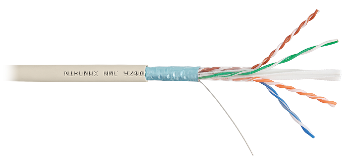 Кабель F/UTP 4 пары, Кат.6 (Класс E), тест по ISO/IEC, 250МГц, одножильный, BC (чистая медь), 23AWG (0,57мм), полимерный материал нг(А)-LSLTx, внутренний, светло-серый, 305м