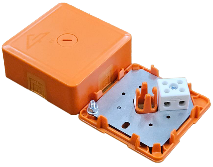 Коробка монтажная огнестойкая IP41, фарфоровый клеммник 2 контакта, до 6 мм. кв., 75х75х30 мм, вводы вставки из эластичного материала, Оранжевая