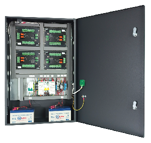 Специализированный шкаф для четырёх охранных панелей AAM-IO-16/2, с установленными внутри двумя источниками питания, с замком и датчиком вскрытия корпуса.