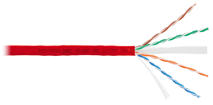 Кабель U/UTP 4 пары, Кат.6 (Класс E), тест по ISO/IEC, 250МГц, одножильный, BC (чистая медь), 23AWG (0,55мм), полимерный материал нг(А)-HF, внутренний, красный, 305м