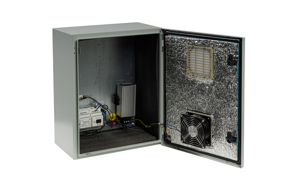 Специализированный уличный термошкаф с обогревом и вентиляцией. Металлический корпус 500х400х250мм, IP55, -65С - +50С. УХЛ 1.