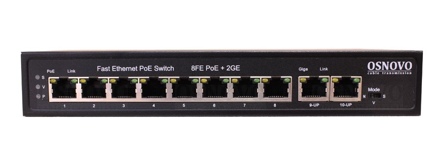 PoE коммутатор Fast Ethernet на 10 RJ45 портов. Порты: 8 x FE (10/100 Base-T) с PoE (IEEE 802.3af/at), 2 x GE (10/100/1000 Base-T). Мощность PoE на порт - до 30W. Суммарно до 115W. до 250м, изоляция портов (VLAN). Встроенная грозозащита 6кВ. AC100-240V (123W). 210x35x150мм. -10...+55 гр. С.