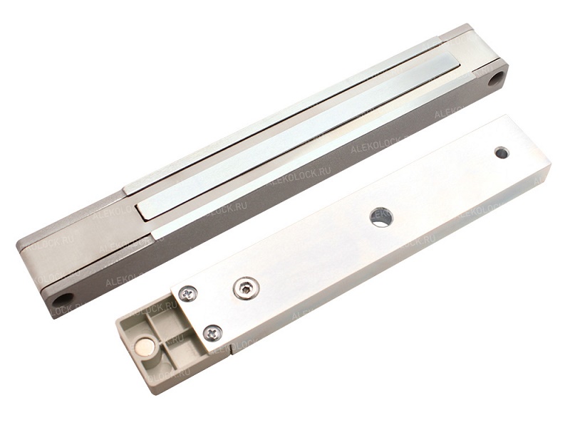 Электромагнитный замок с датчиком состояния двери (герконом), сила удержания 180-200кг, 12В/0,4А, 24В/0,2А, -20...+40 °C, IP54, корпус 231x30x19,5 мм, якорь 197х32,5х14,5 мм. Цвет: серый