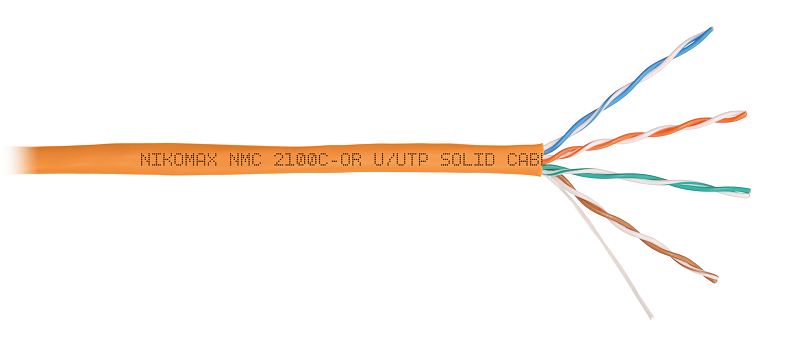 Кабель U/UTP 4 пары, Кат.5e (Класс D), тест по ISO/IEC, 100МГц, одножильный, BC (чистая медь), 24AWG (0,50мм), полимерный материал нг(А)-HF, внутренний, оранжевый, 305м