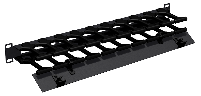 Кабельный органайзер 19", 1U, полезная глубина 100 мм, металлический, с пластиковыми пальцами, с крышкой, черный