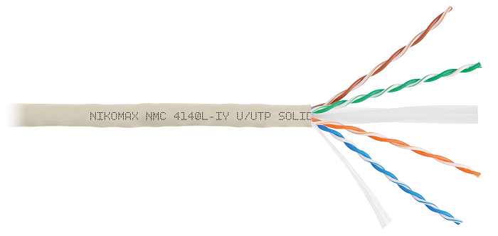 Кабель U/UTP 4 пары, Кат.6 (Класс E), тест по ISO/IEC, 250МГц, одножильный, BC (чистая медь), 23AWG (0,55мм), полимерный материал нг(А)-LSLTx, внутренний, светло-серый, 305м