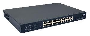 PoE коммутатор Fast Ethernet на 24 x RJ45 портов + 4 x GE Combo uplink порта. Порты: 24 x FE (10/100 Base-T) с поддержкой PoE (IEEE 802.3af/at), 4 x GE Combo Uplink (RJ45 + SFP). PoE IEEE 802.3af/at. Автоматическое определение PoE устройств. Суммарная мощность PoE до 385W. Встроенная грозозащита 3kV на порт. AC100-240V (400W). Встроенный БП. 440x45x290мм. -10...+55 гр.