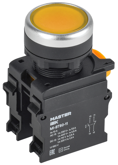 Кнопка d=22мм 1NO+1NC жёлтая MASTER IEK