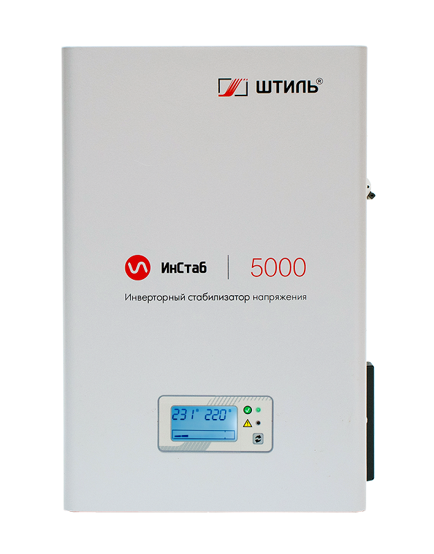 Стабилизатор переменного напряжения инверторный (с двойным преобразованием) однофазный, чистая синусоида; P-нагр.5 кВА/4,5 кВт, U-вх.165…310 В, U-вых.220…230 В (с шагом 1 В), I-вых.23 A; IP20, t-раб. +5…+40°C, 358х246х101 мм