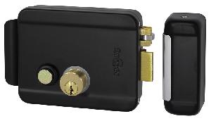 Эл-мех. накладной замок, черный, НЗ, универсальный DIN, цилинр снаружи и изнутри, кнопка изнутри (блокировка кнопки), питание 12VDC/1А, -40°+50°С, окрашенная сталь.