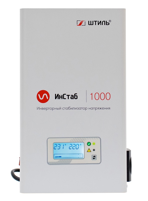 Стабилизатор переменного напряжения инверторный (с двойным преобразованием) однофазный, чистая синусоида; P-нагр.1 кВА/0.8 кВт, U-вх.90…310В, U-вых.220…230 В (с шагом 1 В), I-вых.4.5 А; IP20, t-раб.+5…+40°C, 300х180х96мм