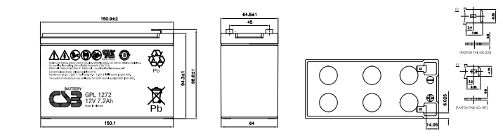 Аккумулятор 7а/ч, 12В, 151х65х99 мм, вес 2,6 кг (срок службы 10 - 12+ лет)