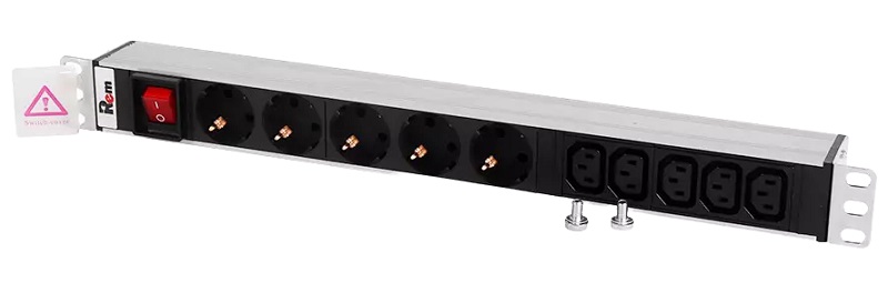 Блок розеток Rem-10 без шнура с выкл., 5 Sсhuko, 5 IEC 60320 C13, вход IEC 60320 C14, 10 A, алюм., 19"