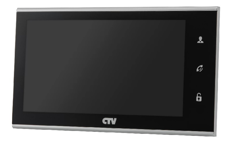 Монитор видеодомофона в компактном корпусе CVBS, черный, Дисплей IPS 7", 1024х600, до 2 панелей, до 2 видеокамер, SD до 32Gb, панель из стекла с сенсорным управлением "Easy buttons", выбор области детекции движения, , встроенный источник питания