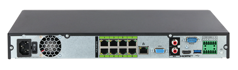 8-канальный IP-видеорегистратор c PoE, 4K, H.265+ и ИИ, Входящий поток до 448Мбит/с; сжатие: H.265+, H.265, H.264+, H.264, MJPEG; разрешение записи до 32Мп; накопители: 2 SATA III до 16Тбайт; воспроизведение: 8кн@8Mp, 2кн@32Мп; видеовыходы: 1 HDMI (8K), 1 VGA; cеть: 1 RJ45 1000Мбит/с, 8 RJ45 100Мбит/с (PoE/PoE+), до 130Вт, поддержка ePoE); aудиовх/вых: 1/1; тревожные вх./вых.: 4/2; питание: 100~240В(AC); видеоаналитика: 4кн AcuPick, 4кн детектор лиц и распознавание лиц (12лиц/с), 4кн видео метаданные, 8кн охрана периметра, IVS, 8кн SMD Plus; видеоаналитика с камер: AcuPick, детектор лиц и распознавание лиц, видео метаданные, распознавание номеров ТС, тепловая карта, подсчет людей, интеллектуальный поиск, POS, поддержка тепловизионных (TPC) и мультиматричных камер