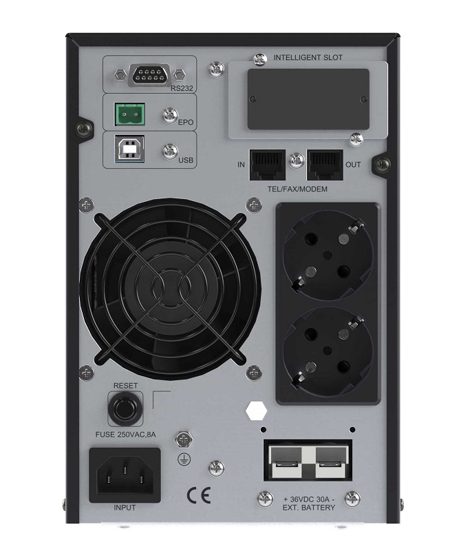 Онлайн ИБП ДКС серии Small Tower, 1000 ВА/900 Вт, 1/1, 2xSchuko, EPO, USB, RS-232, RJ45, без АКБ, 7 Ач