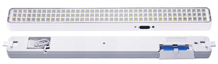 Аварийный светодиодный светильник, светодиодов SMD - 120 штук, 650 люмен, непостоянный режим работы (DC), 187-242В, свечение до 6 часов, 480х55х30мм, 0,36кг, 2,2 Вт, 0…+40