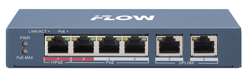 Коммутатор, L2, неуправляемый, 4 порта 10/100M RJ45 PoE, 2 uplink порта 10/100M RJ45, 802.3af/at/bt, 1 порт поддерживает Hi-PoE 60 Вт, бюджет PoE 60 Вт, поддержка режима передачи до 300м,10Мб/с, CAT6; защита от перенапряжения 6 кВ