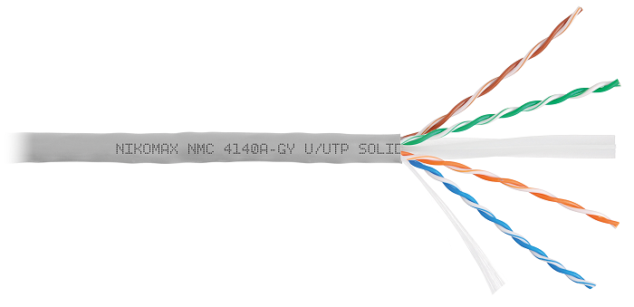 Кабель U/UTP 4 пары, Кат.6 (Класс E), тест по ISO/IEC, 250МГц, одножильный, BC (чистая медь), 23AWG (0,55мм), поливинилхлорид, внутренний, серый, 305м