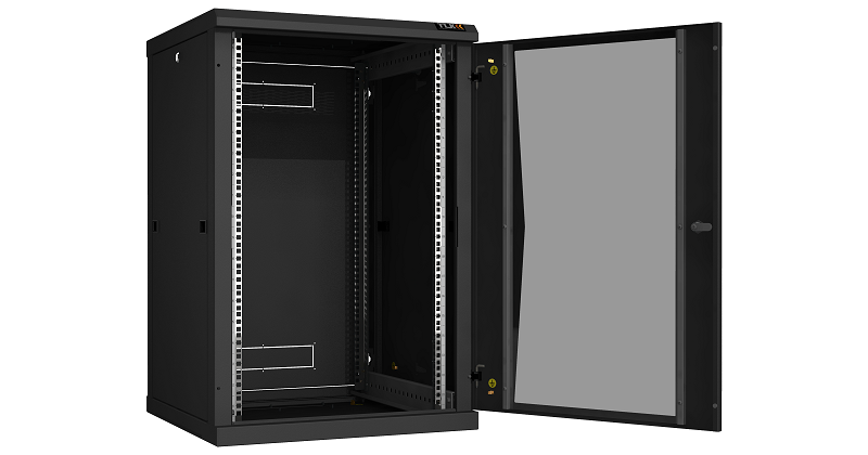 Настенный разборный шкаф TLK 19", 18U, стеклянная дверь, Ш600хВ904хГ600мм, 2 пары монтажных направляющих, черный