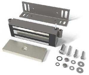 Замок электромагнитный для стальных дверей со стальной рамой, 9-15VDC, 7,2 Вт, усилие удержания 300кг, встроенный модуль перемагничивания, монтажный комплект, угольник 40х50х4мм. Корпус из стали. Цвета: каменно-серый