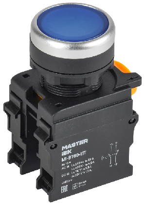 Кнопка с фиксацией d=22мм 1NO+1NC синяя MASTER IEK